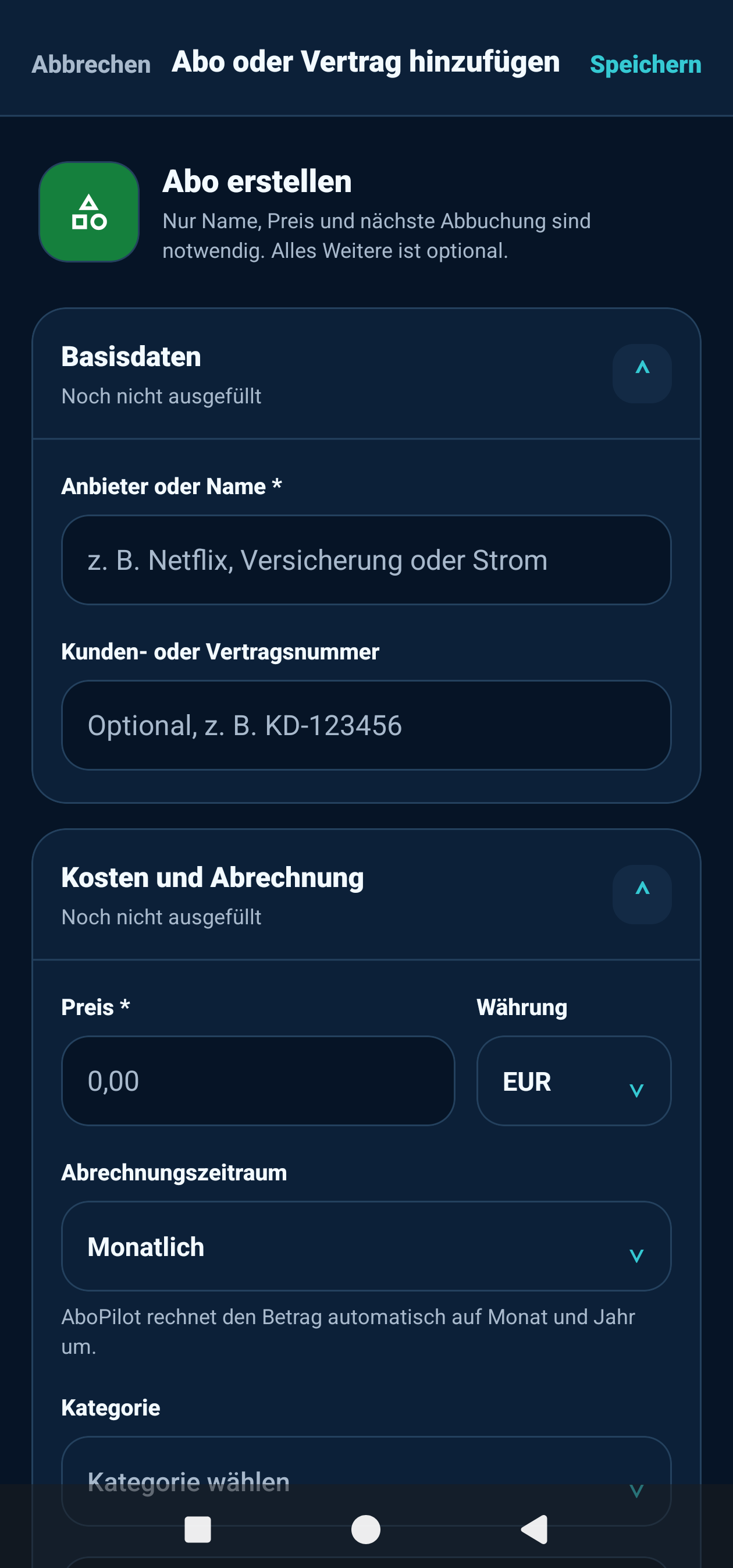 Form for adding a subscription or contract