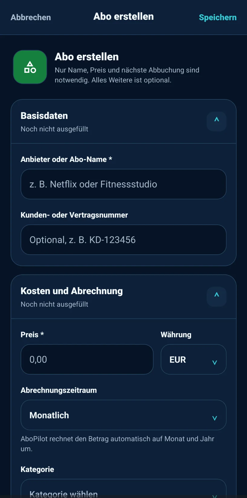 Formular zum Erstellen eines neuen Abos in AboPilot