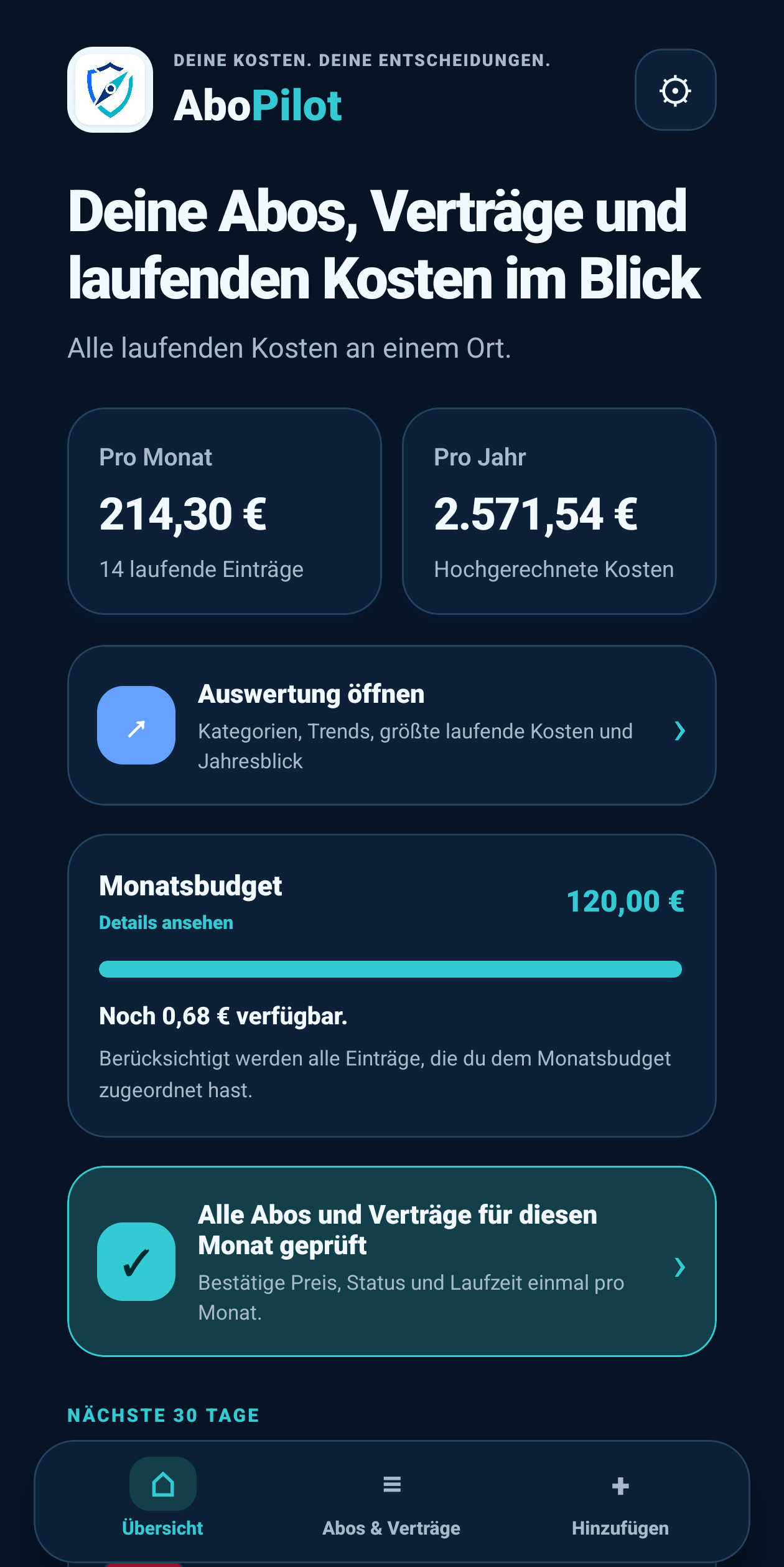 AboPilot dashboard with recurring expenses, monthly budget and insights