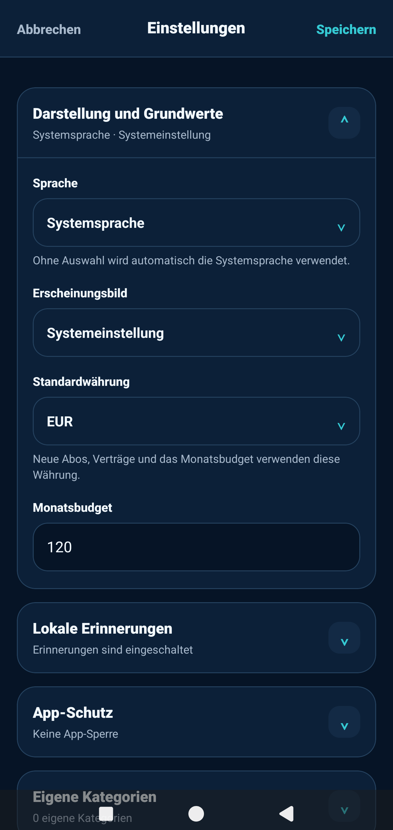 Settings for language, currency, budget and reminders