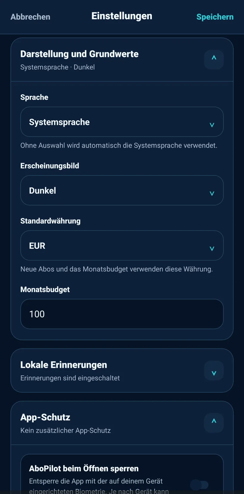 AboPilot-Einstellungen für Sprache, Darstellung, Monatsbudget und App-Schutz