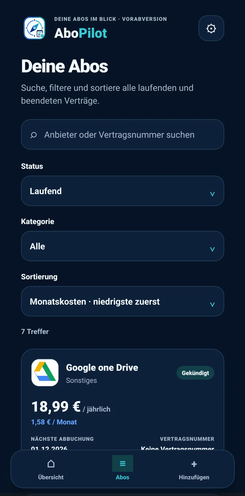AboPilot-Aboübersicht mit Suche, Filtern und sortierter Vertragsliste