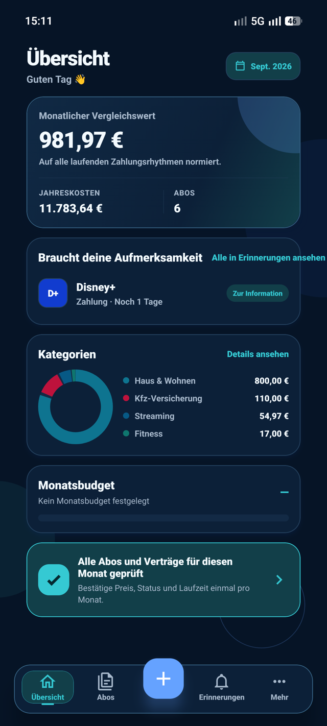 AboPilot Übersicht mit laufenden Kosten